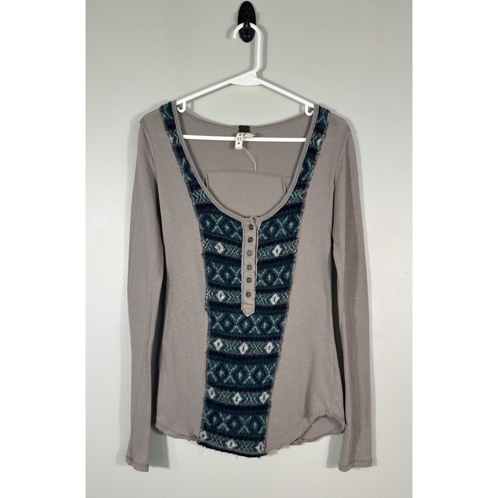 Free People Top Womens XS Taupe Countryside Swift Henley Long Sleeve‎ Boho